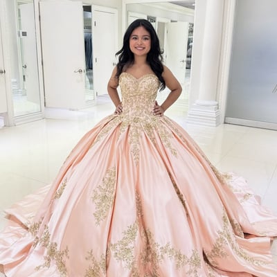 Pink satin lace long prom dress, beautiful strapless formal sweet 16 dress - Thumbnail 1