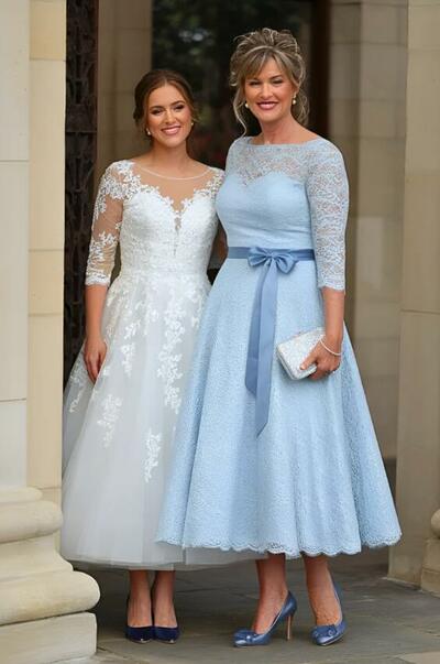 Elegant A Line Blue Lace Tea-length Mother Of the Bride/ Groom Dresses Formal Evening Dress