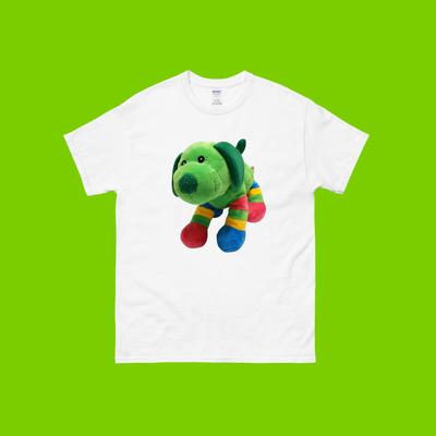 Y2K 2005 Green Colorblock Dog Plush T Shirt White