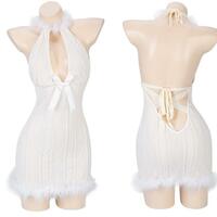 Deep V-neck Knitted Halter Dress With Gloves - Thumbnail 5
