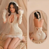 Deep V-neck Knitted Halter Dress With Gloves - Thumbnail 1