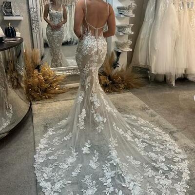 Sexy mermaid wedding dress, appliques tulle backless bridal dress bridal gown