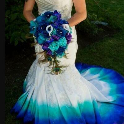 Plus size ombre blue mermaid wedding dress, appliques tulle bridal dress bridal gown