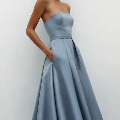 Blue a line prom dresses  tea-lnegth evening gowns formal party gowns - Thumbnail 2
