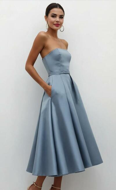 Blue A Line Prom Dresses  Tea-lnegth Evening Gowns Formal Party Gowns