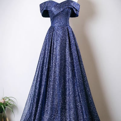 Blue tulle long prom dress, off the shoulder a-line party dress - Thumbnail 1