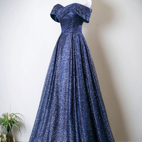 Blue Tulle Long Prom Dress, Off the Shoulder A-Line Party Dress - Thumbnail 1