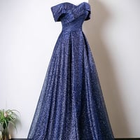 Blue Tulle Long Prom Dress, Off the Shoulder A-Line Party Dress - Thumbnail 2