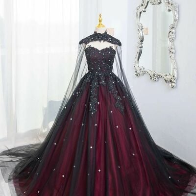Gothic ball gown wedding dress, black and red appliques tulle bridal dress bridal gown