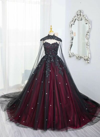Gothic Ball Gown Wedding Dress, Black and Red Appliques Tulle Bridal Dress Bridal Gown