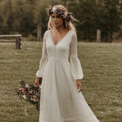 Boho rustic a-line wedding dress, lace bridal dress bridal gown