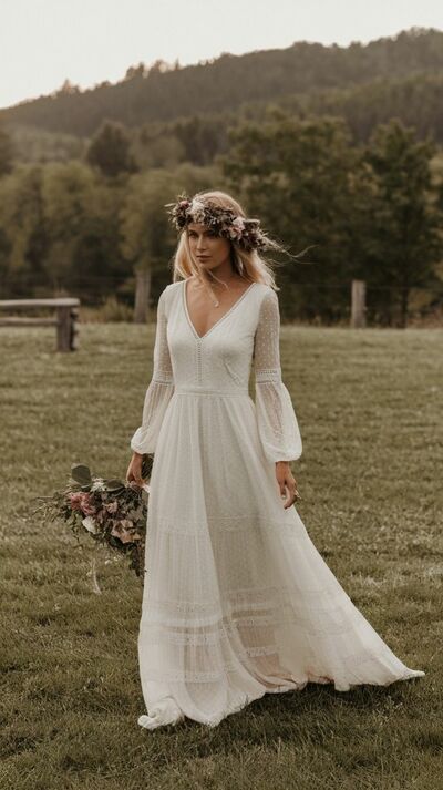 Boho Rustic A-line Wedding Dress, Lace Bridal Dress Bridal Gown