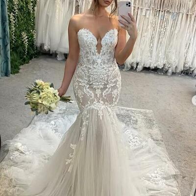 Sexy mermaid wedding dress, appliques tulle bridal dress bridal gown