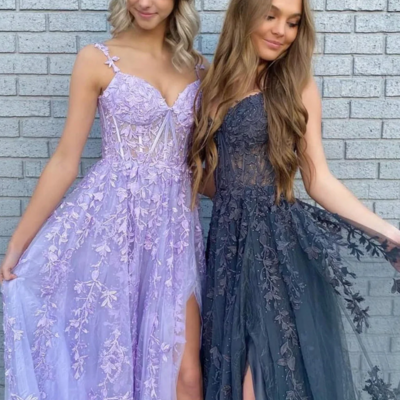 Elegant straps a line v neck purple/black tulle prom dresses with lace