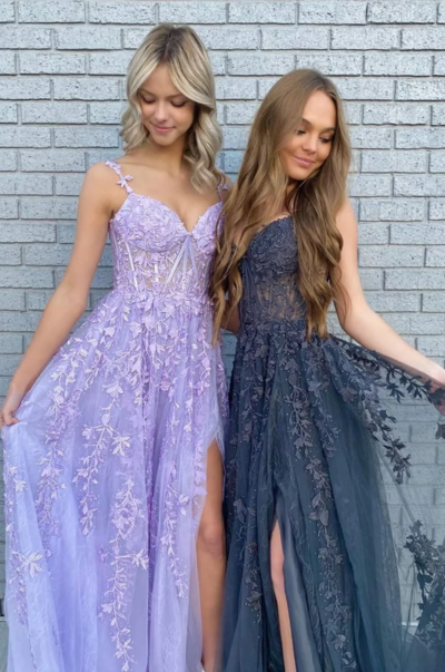 Elegant Straps A Line V Neck Purple/Black Tulle Prom Dresses With Lace