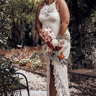 Halter plus size side slit lace wedding dresses,bridal gowns