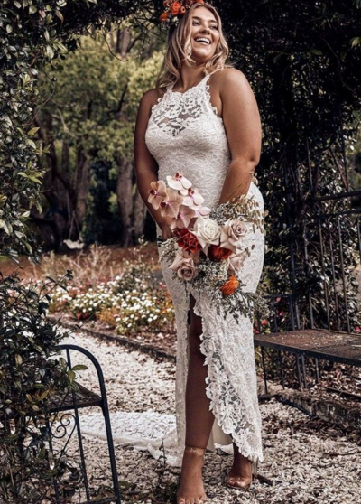 Halter Plus Size Side Slit Lace Wedding Dresses,Bridal Gowns