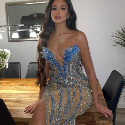 Gorgeous sexy beaded slit long evening dresses for party