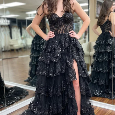 Sparkly off the shoulder long black tiered corset prom dress with sequin