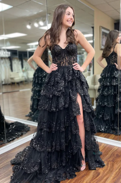 Sparkly Off The Shoulder Long Black Tiered Corset Prom Dress With Sequin
