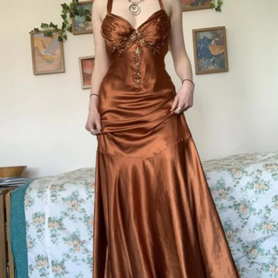 Vintage halter v neck mermaid 90s prom dress with beaded appliques 