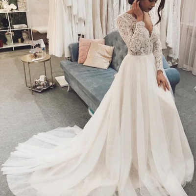 Mermaid long sleeves v-neck lace applique wedding dress