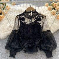 Korean Style Summer Elegant Lace Blouses Casual Long Sleeve Tops - Thumbnail 3