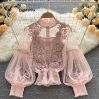 Korean Style Summer Elegant Lace Blouses Casual Long Sleeve Tops - Thumbnail 6
