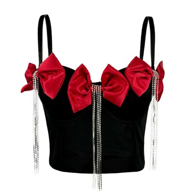 Sexy rhinestone tassel bow diamond chain tie fishbone corset