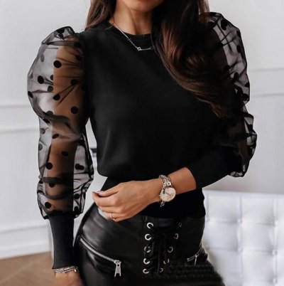 Elegant Women'S Black Long Sleeve Mesh Top