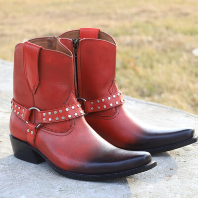 Crafted leather handmade men classic red leather ankle high cowboy fashion boot