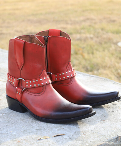 Crafted Leather Handmade Men Classic Red Leather Ankle High Cowboy Fashion Boot