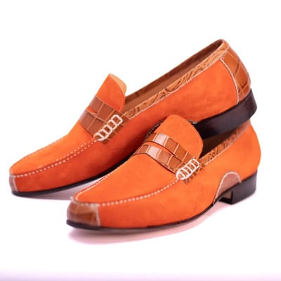Crafted Leather Handmade Men Orange Suede Crocodile/Alligator Strap Leather Loafers Dress Shoes 