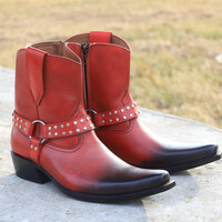 Crafted Leather Handmade Men Classic Red Leather Ankle High Cowboy Fashion Boot - Thumbnail 1