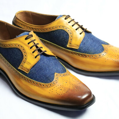 Crafted leather handmade men brown blue leather wingtip oxford lace up dress shoes - Thumbnail 2