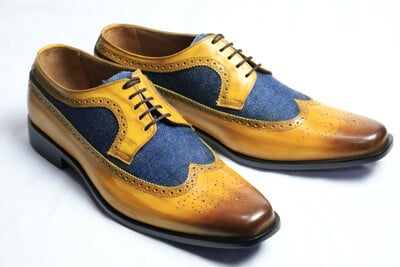 Crafted Leather Handmade Men Brown Blue Leather Wingtip Oxford Lace up Dress Shoes