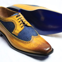 Crafted Leather Handmade Men Brown Blue Leather Wingtip Oxford Lace up Dress Shoes - Thumbnail 1