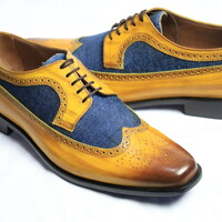 Crafted Leather Handmade Men Brown Blue Leather Wingtip Oxford Lace up Dress Shoes - Thumbnail 2