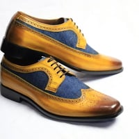 Crafted Leather Handmade Men Brown Blue Leather Wingtip Oxford Lace up Dress Shoes - Thumbnail 3