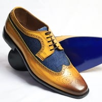 Crafted Leather Handmade Men Brown Blue Leather Wingtip Oxford Lace up Dress Shoes - Thumbnail 4