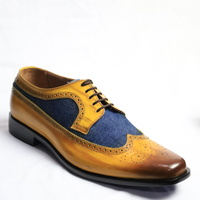 Crafted Leather Handmade Men Brown Blue Leather Wingtip Oxford Lace up Dress Shoes - Thumbnail 7
