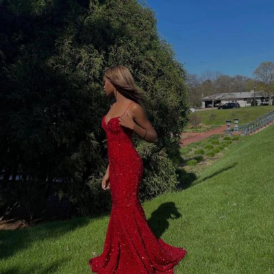 Sexy red v-neck mermaid long sequin prom dress