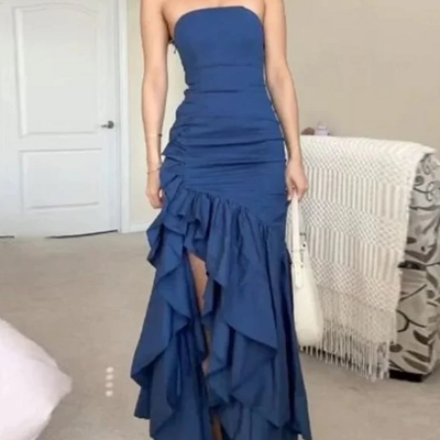 Irregular strapless trendy pleated ruffle navy blue prom dresses