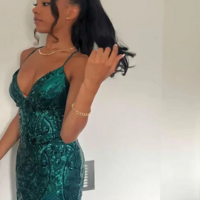 Glitter Mermaid Dark Green V Neck Long Sequin Prom Dress - Thumbnail 1