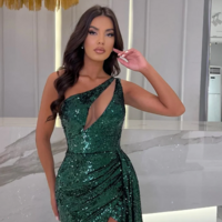 Emerald Green One Shoulder Sleeveless Mermaid Split Sequins Prom Dresses - Thumbnail 1