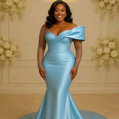 Blue mermaid prom dresses beading crystals evening gowns formal party gowns - Thumbnail 3