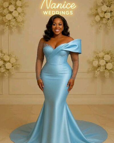 Blue Mermaid Prom Dresses Beading Crystals Evening Gowns Formal Party Gowns