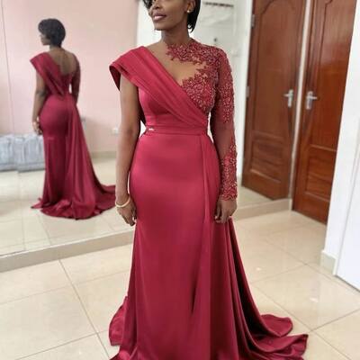 Red mermaid prom dresses lace appliques evening gowns formal party gowns