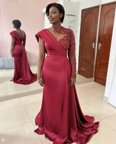 Red Mermaid Prom Dresses Lace Appliques Evening Gowns Formal Party Gowns