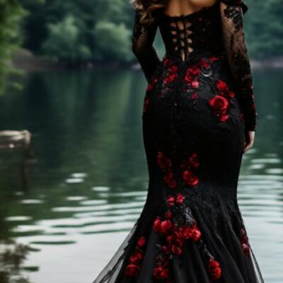 Gothic mermaid wedding dress, black and red appliques tulle bridal dress bridal gown